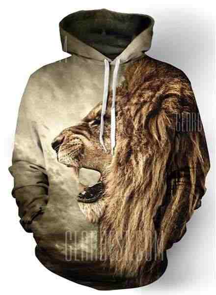 offertehitech-3D Lion Print Front Pocket Rib Hem Loose Fit Drawstring Cool Hoodie